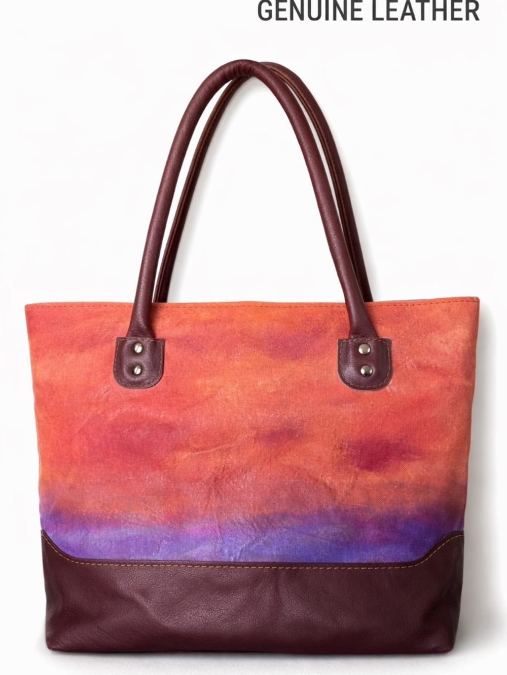 Hand-Painted Style Leather Tote Bag | Sunset Ombre | Boho Artisan Large Purse